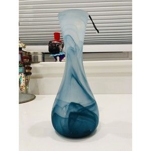 Hand Made AKCAM Matt Blue Swirl Turkish ART GLASS BUD VASE 9" Made in TURKEY